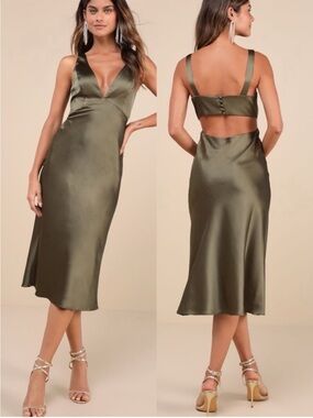 Lulu’s Unmatched Elegance Olive Satin Sleeveless Midi Dress